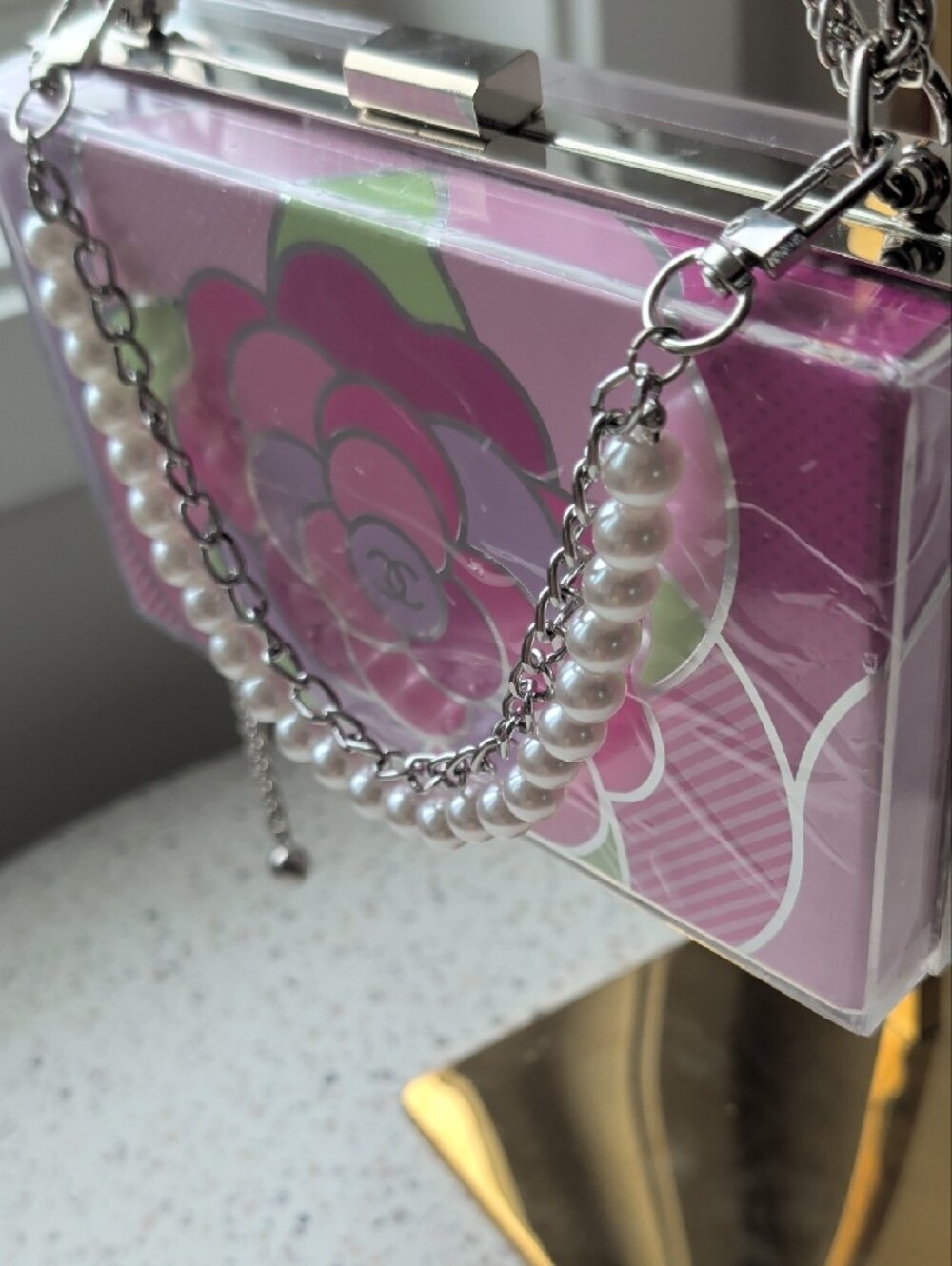 Upcycled 🩷 💜 Floral Acrylic Box Clutch with Pearl and Silver Chain